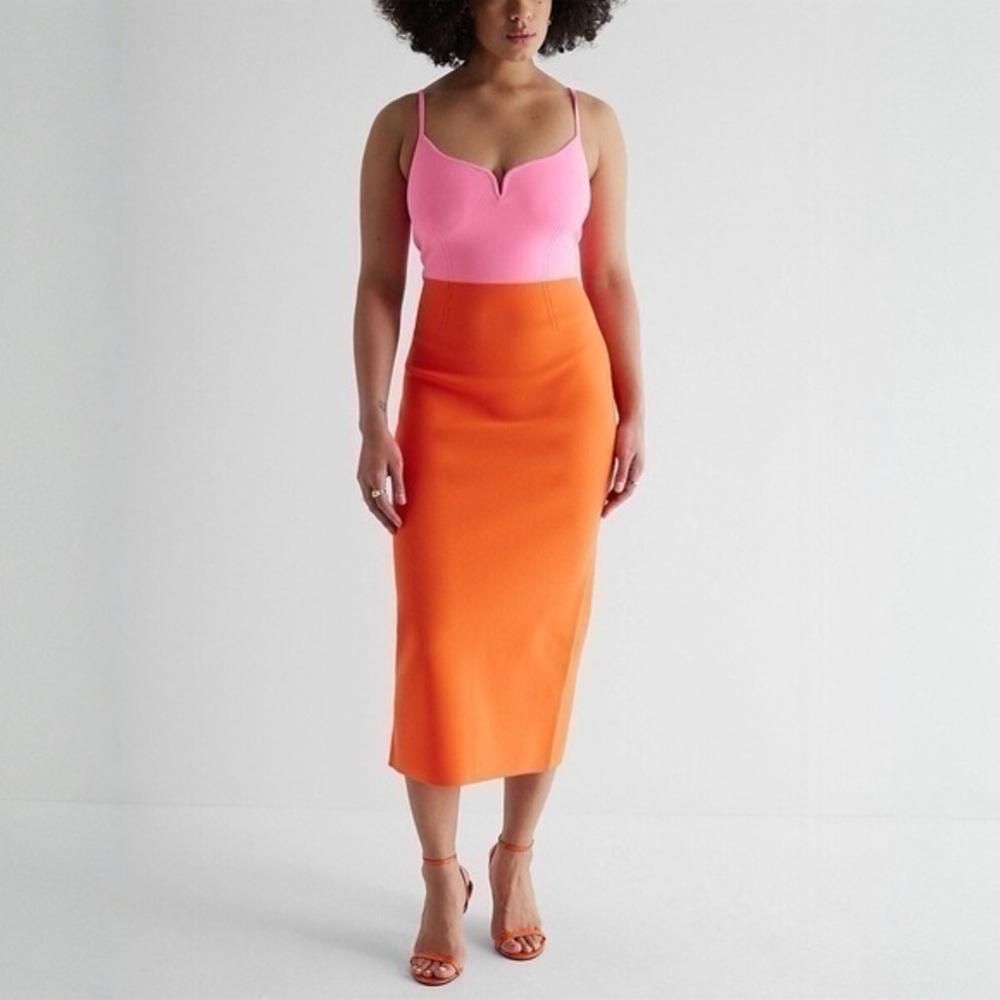 Express Body Contour V-Wire Color Block Midi Sweater Dress Large